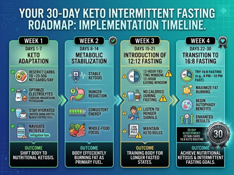 30-day keto and intermittent fasting roadmap showing gradual weekly progression from keto only to 16:8 fasting schedule
