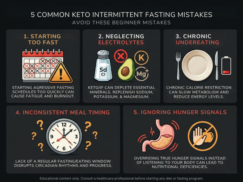 Common keto and intermittent fasting mistakes to avoid including electrolyte deficiency undereating poor timing for beginners