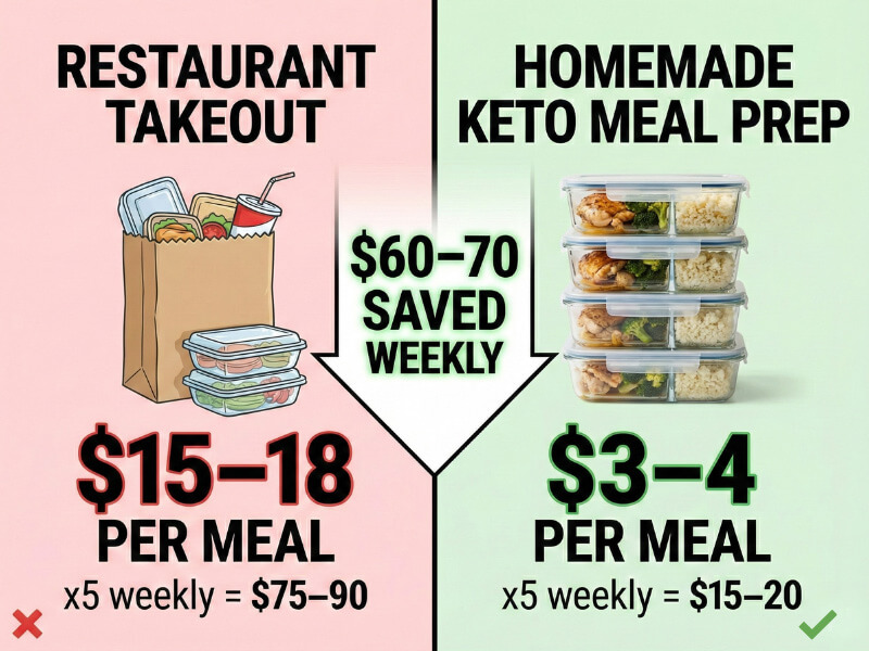 Keto meal prep cost comparison showing three to four dollar homemade meals versus fifteen to eighteen dollar takeout saving sixty to seventy dollars weekly