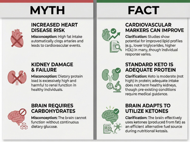 Keto myths versus scientific facts showing evidence-based corrections to common ketogenic diet misconceptions about heart health kidney function
