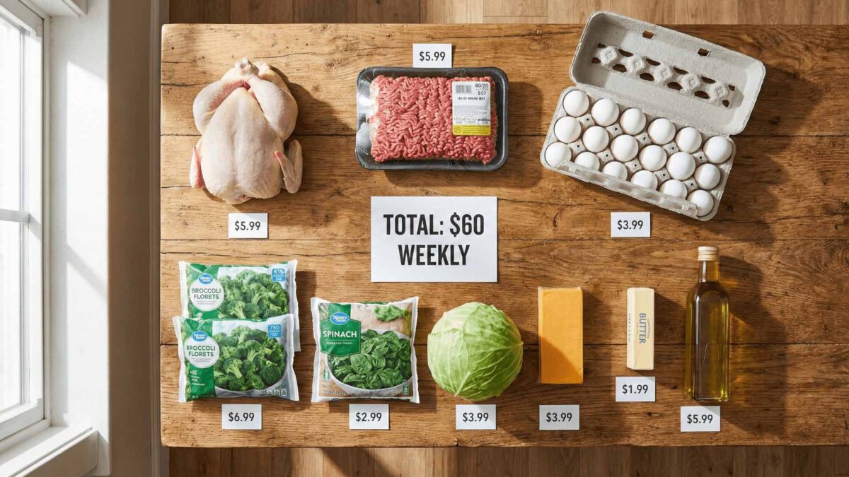 Keto on a budget showing affordable weekly groceries including whole chicken ground beef eggs and vegetables for sixty dollar meal plan