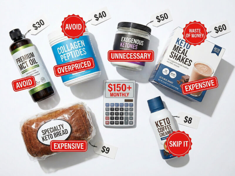 Overpriced keto specialty products to avoid including MCT oil collagen powder exogenous ketones for budget-conscious keto dieters