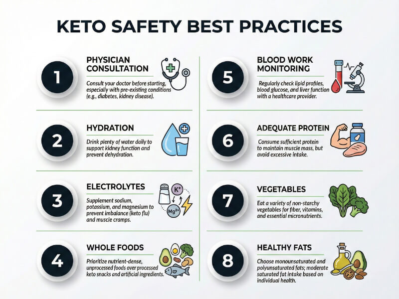 Keto safety best practices checklist showing doctor consultation hydration electrolytes whole foods monitoring for safe ketogenic diet