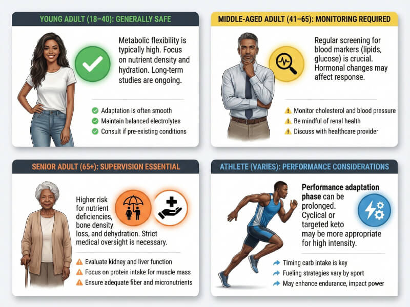 Keto safety guidelines for different populations showing age-specific considerations for young adults seniors athletes health monitoring