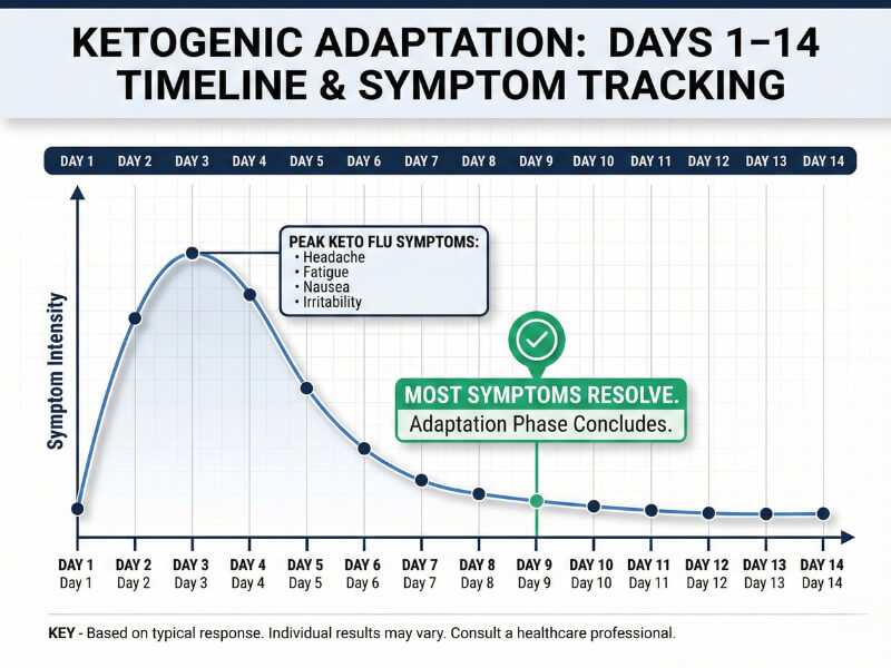 Keto side effects timeline showing keto flu symptoms progression and resolution over two weeks with management strategies