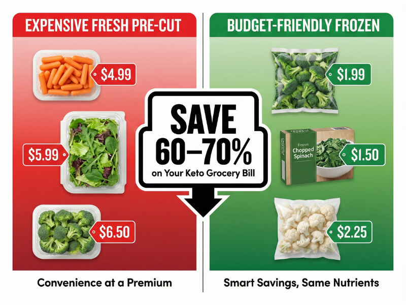 Budget keto vegetables comparing expensive fresh pre-cut options versus affordable frozen vegetables for keto on a budget meal planning