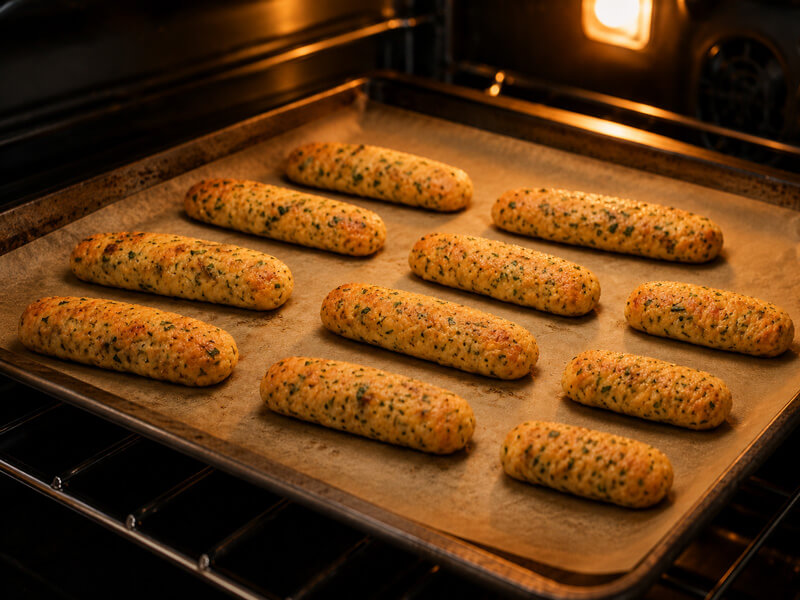 Keto garlic breadsticks baking in the oven and turning golden on a baking sheet.