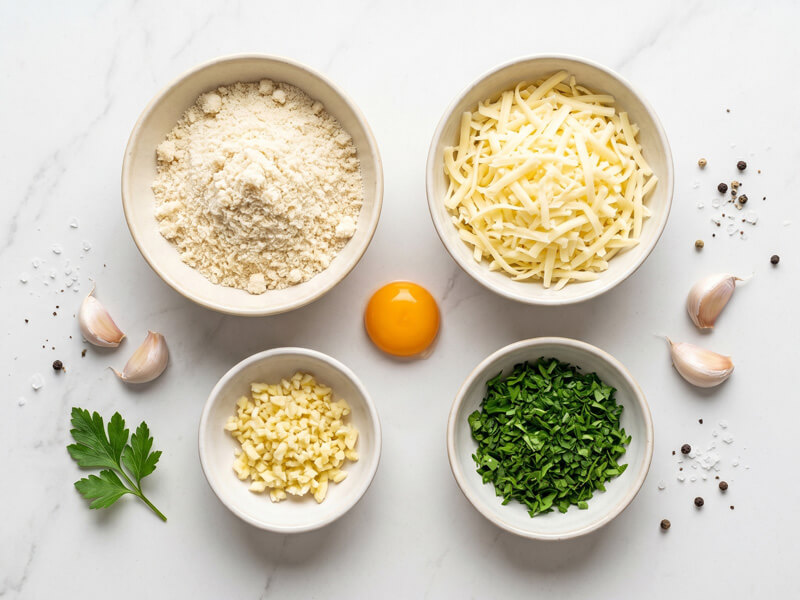 Ingredients for keto garlic and herb breadsticks including almond flour, mozzarella, egg yolk, garlic, and parsley.