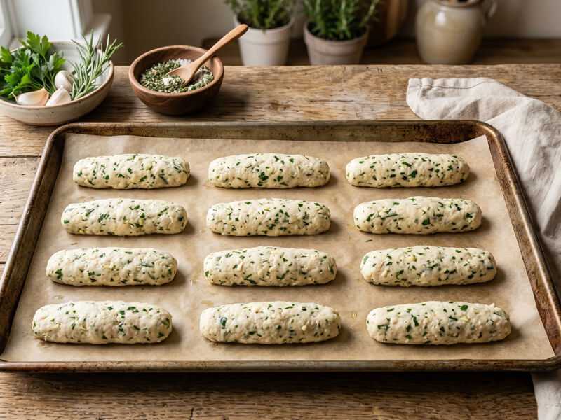 Raw keto breadsticks shaped and arranged on a parchment-lined baking tray before baking.