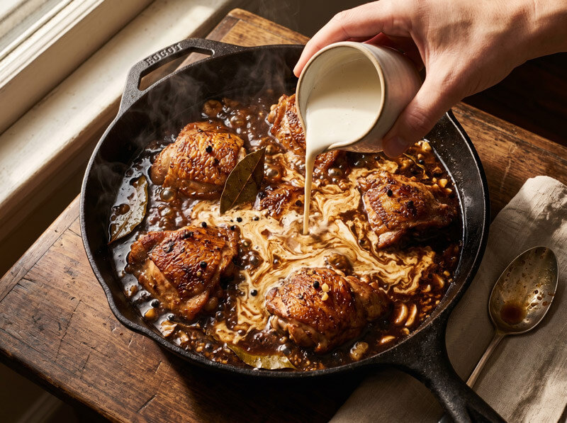 Coconut cream being stirred into keto chicken adobo sauce to create a rich and creamy finish.