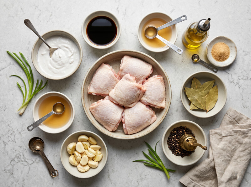 Ingredients for keto chicken adobo including chicken thighs, garlic, vinegar, soy sauce, coconut cream, bay leaves, and black peppercorns.