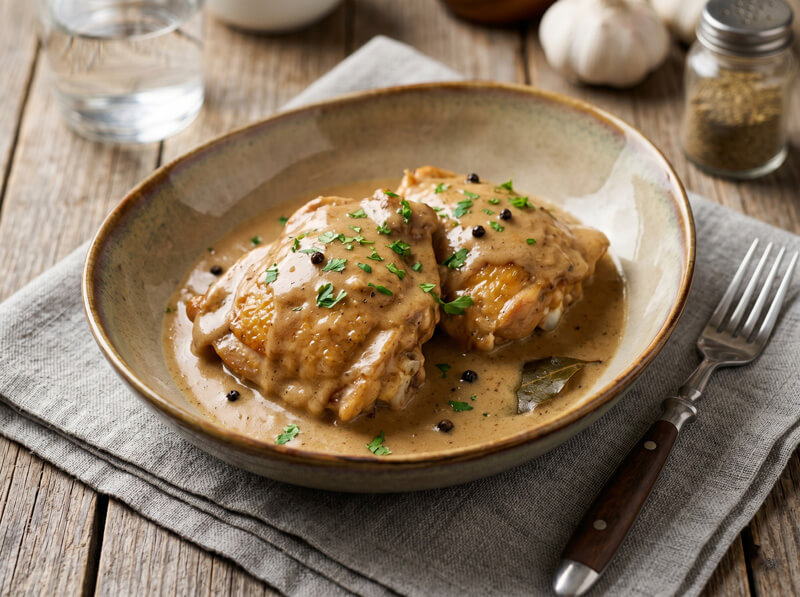 Plated keto chicken adobo with creamy sauce and tender chicken thighs, served as a low-carb Filipino-inspired dinner.