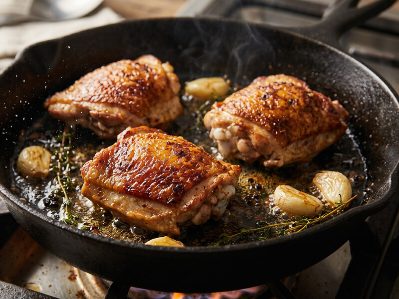 Chicken thighs searing in a skillet and developing a golden crust for keto chicken adobo.