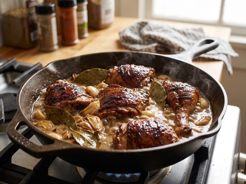 Chicken thighs simmering in adobo sauce with garlic, vinegar, stock, and bay leaves.