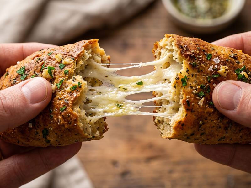 Freshly baked keto garlic and herb bread sticks pulled apart to show their soft, cheesy mozzarella-filled interior.