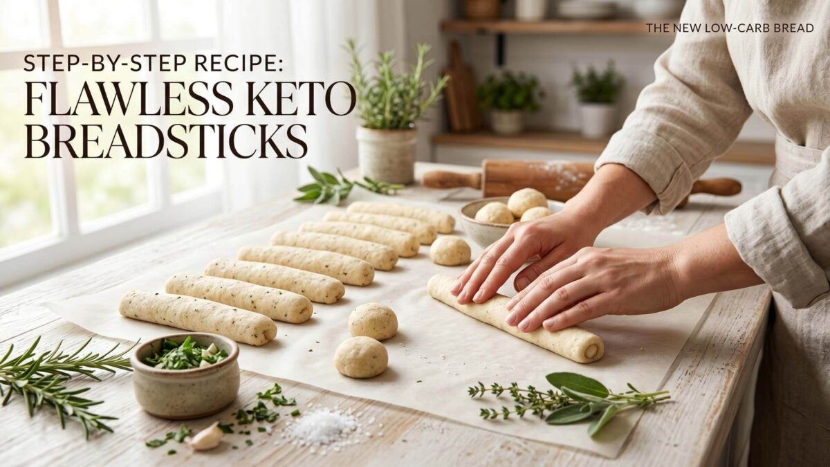 Hands shaping keto garlic and herb bread stick dough on parchment, with fresh rosemary, sage, and almond flour dough balls nearby.