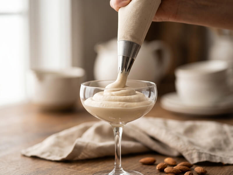 Piping creamy keto cheesecake filling into a dessert glass for no-bake almond butter cheesecake cups.
