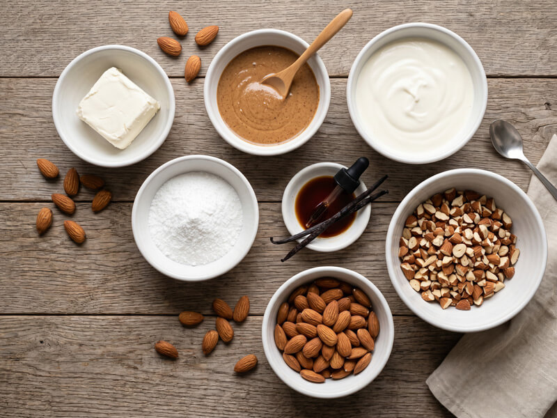 Ingredients for no-bake keto almond butter cheesecake cups, including cream cheese, whipping cream, almond butter, stevia, vanilla, and chopped almonds.