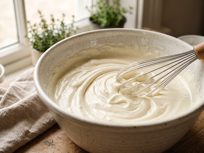Creamy cheesecake filling being whisked until smooth for no-bake keto almond butter cheesecake cups.