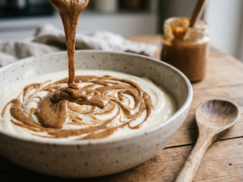 Swirling almond butter into a creamy no-bake keto cheesecake mixture before portioning into individual dessert cups.