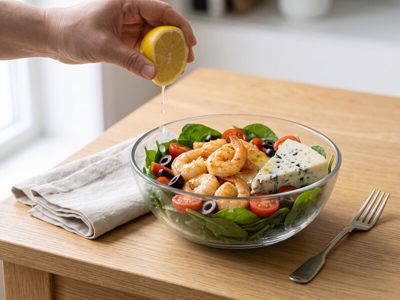 Fresh lemon juice being squeezed over keto buttered shrimp salad before serving.