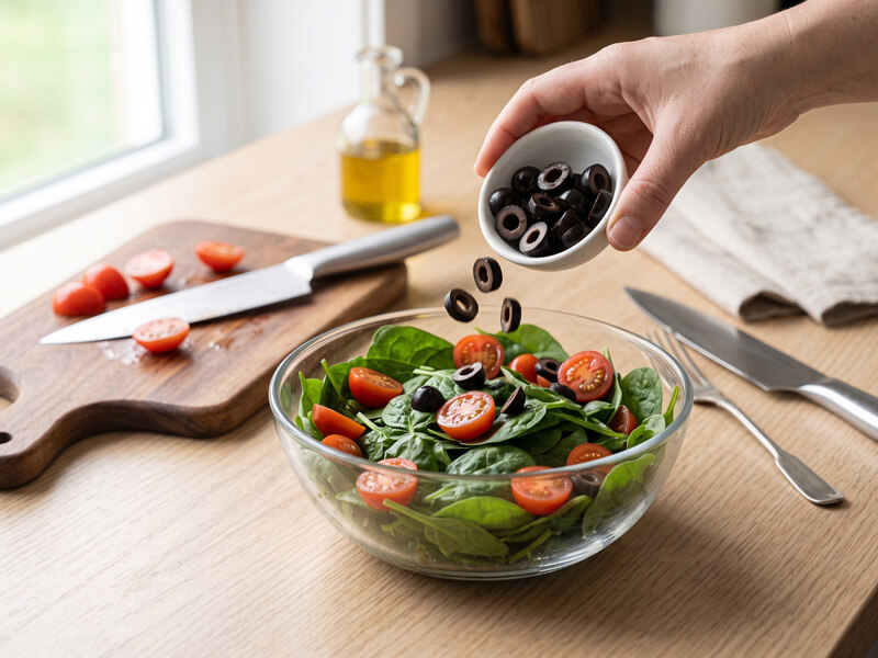 Adding sliced black olives to spinach and tomatoes while assembling keto buttered shrimp salad.