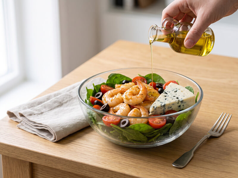 Drizzling olive oil over keto buttered shrimp salad before serving.