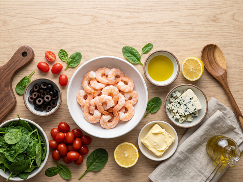 Ingredients for keto buttered shrimp salad including shrimp, spinach, tomatoes, olives, butter, blue cheese, olive oil, and lemon.