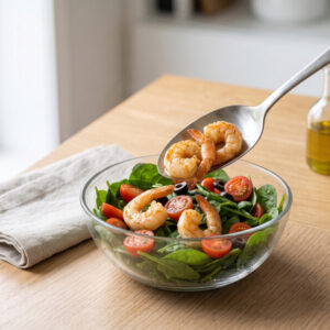 Prepared keto buttered shrimp salad ready for healthy low-carb meal prep lunches.