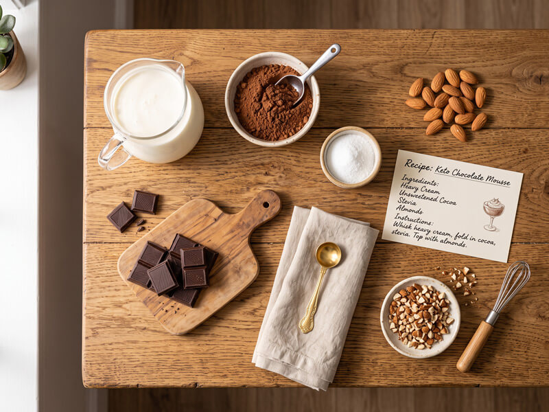 Overhead arrangement of heavy whipping cream, cocoa powder, stevia, sugar-free dark chocolate, and roasted almonds for an easy keto chocolate mousse recipe.
