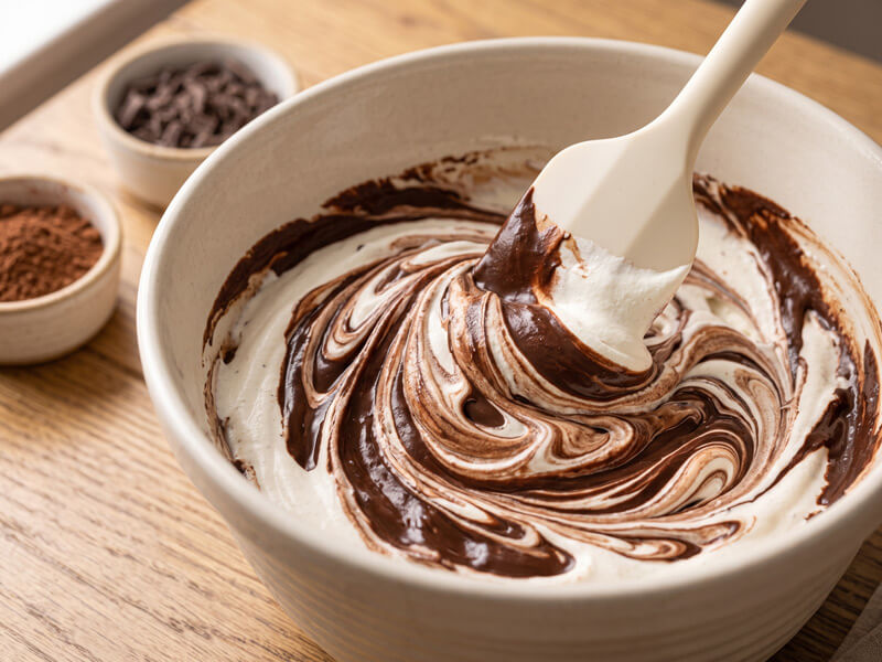 Chocolate mixture being gently folded into whipped cream with a spatula to make a smooth and airy keto chocolate mousse.