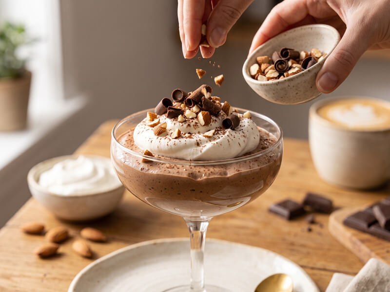Hand sprinkling chopped dark chocolate and roasted almonds over chilled keto chocolate mousse before serving.