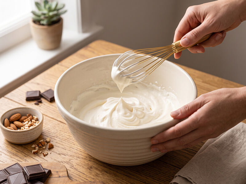 Hand whisking heavy whipping cream with stevia until soft peaks form to create the light base for keto chocolate mousse.