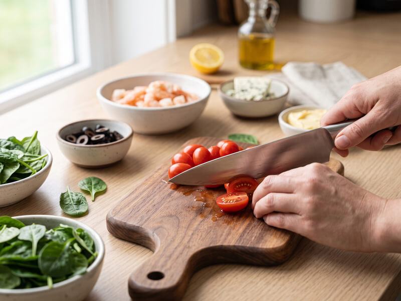 Cutting cherry tomatoes on a wooden board while preparing keto buttered shrimp salad ingredients.